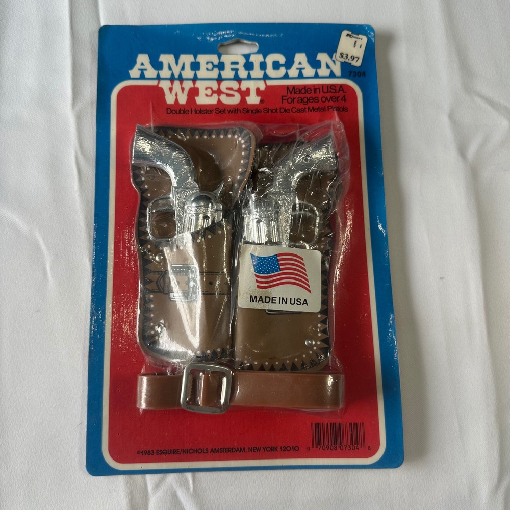 Vintage 1983 American West Double Holster Set Die Cast Metal Toy Pistols 7304